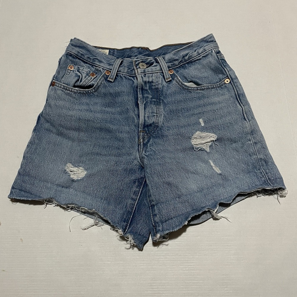 Levi's 501 Cut Off Jean Shorts 24 X 5 Medium Wash Distressed Womens Button Fly